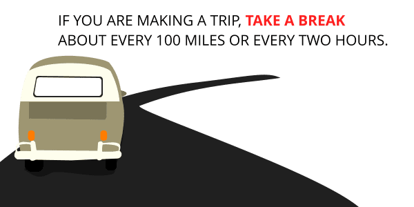 If you are making a trip, take a break about every 100 miles or every two hours.